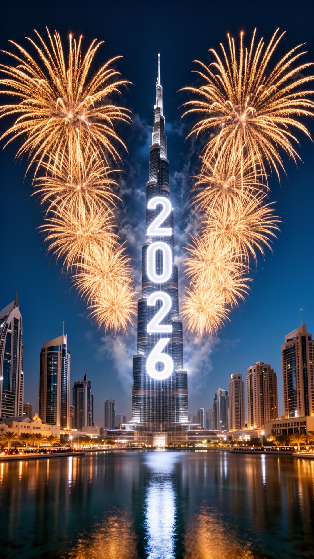 Burj Khalifa em Dubai à noite com fogos dourados